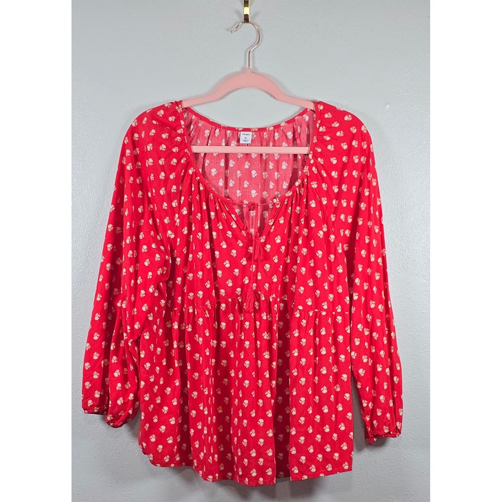 Old Navy XL Red Floral Rayon Peasant Top Tassel Tie Babydoll Blouse Long Sleeve